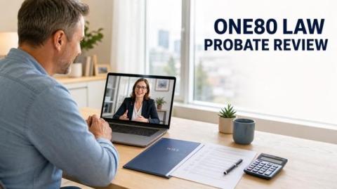 A Calgary executor consults a lawyer by laptop beside a will folder, checklist and calculator, reflecting One80 Law's virtual probate support and fixed-fee review.