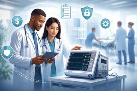 Medical team examining a medical device