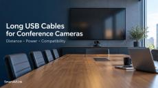 Conference room with a camera below a wall display and a laptop on the meeting table